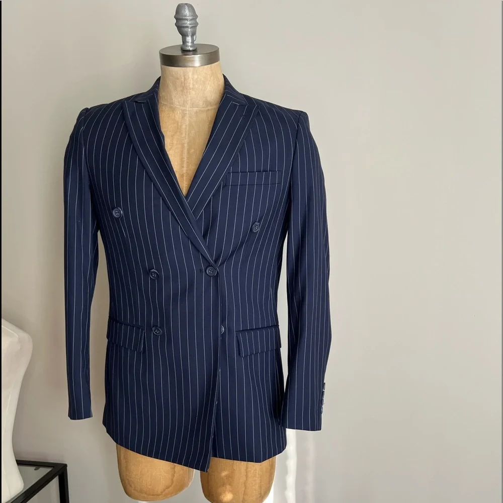 Pinstripe slim fit double-breast navy blue suit - Picture 3 of 4